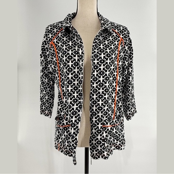 Thomas & Olivia Black White Floral Zip Front Jacket Cardigan Top Size Large - Picture 8 of 8